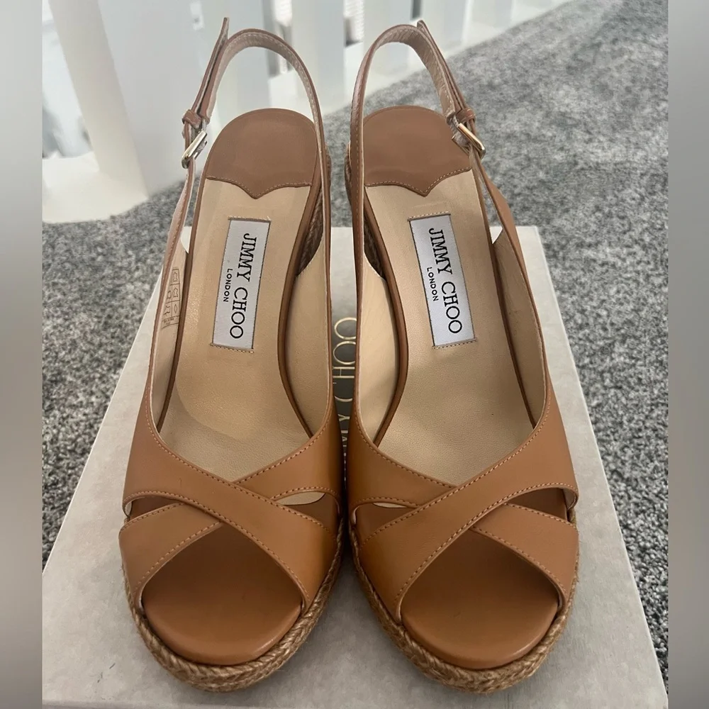 Jimmy Choo Carmel Brown Leather Wedge Sandals - Picture 3 of 13